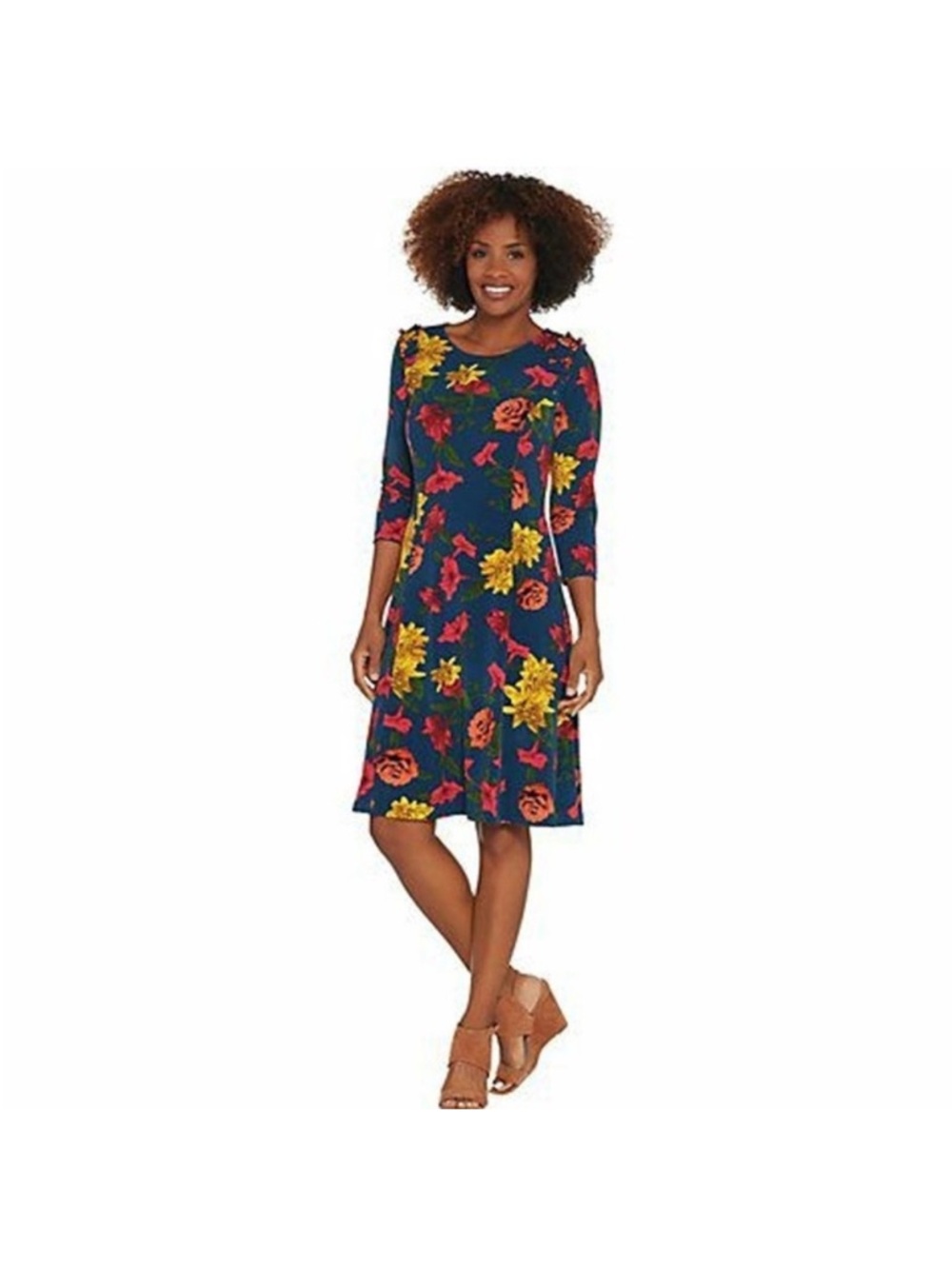 Susan Graver Navy Floral Midi Dress with 3/4 Sleeves